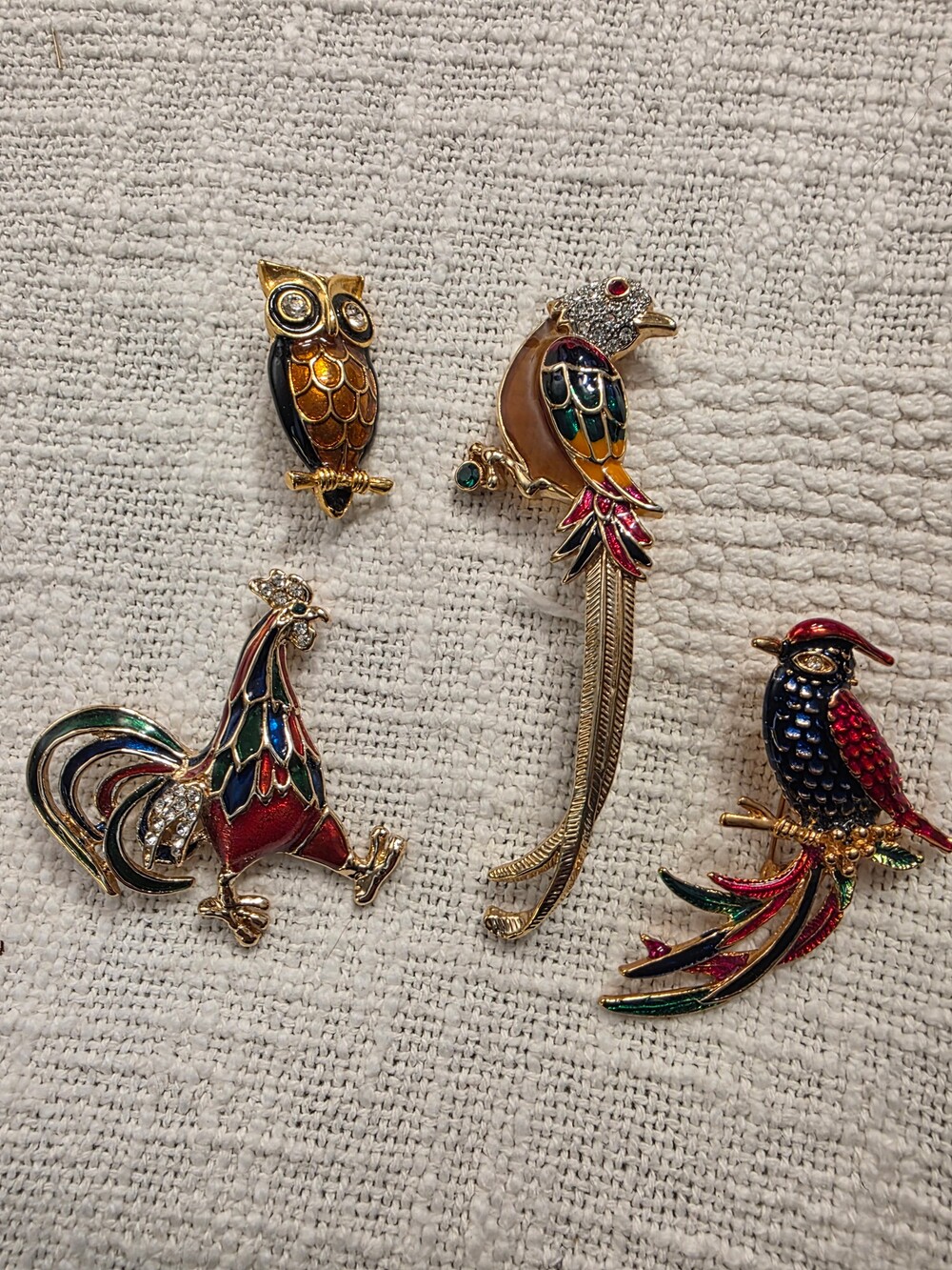 Vintage Lot 4 Colorful Enamel Bird Brooch Set with Rhinestone Accents Gold